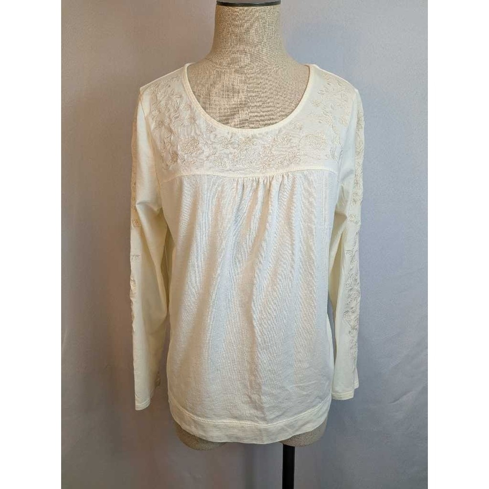 J.Jill Petite Embroidered Jersey‎ Top Long Sleeve Cream L